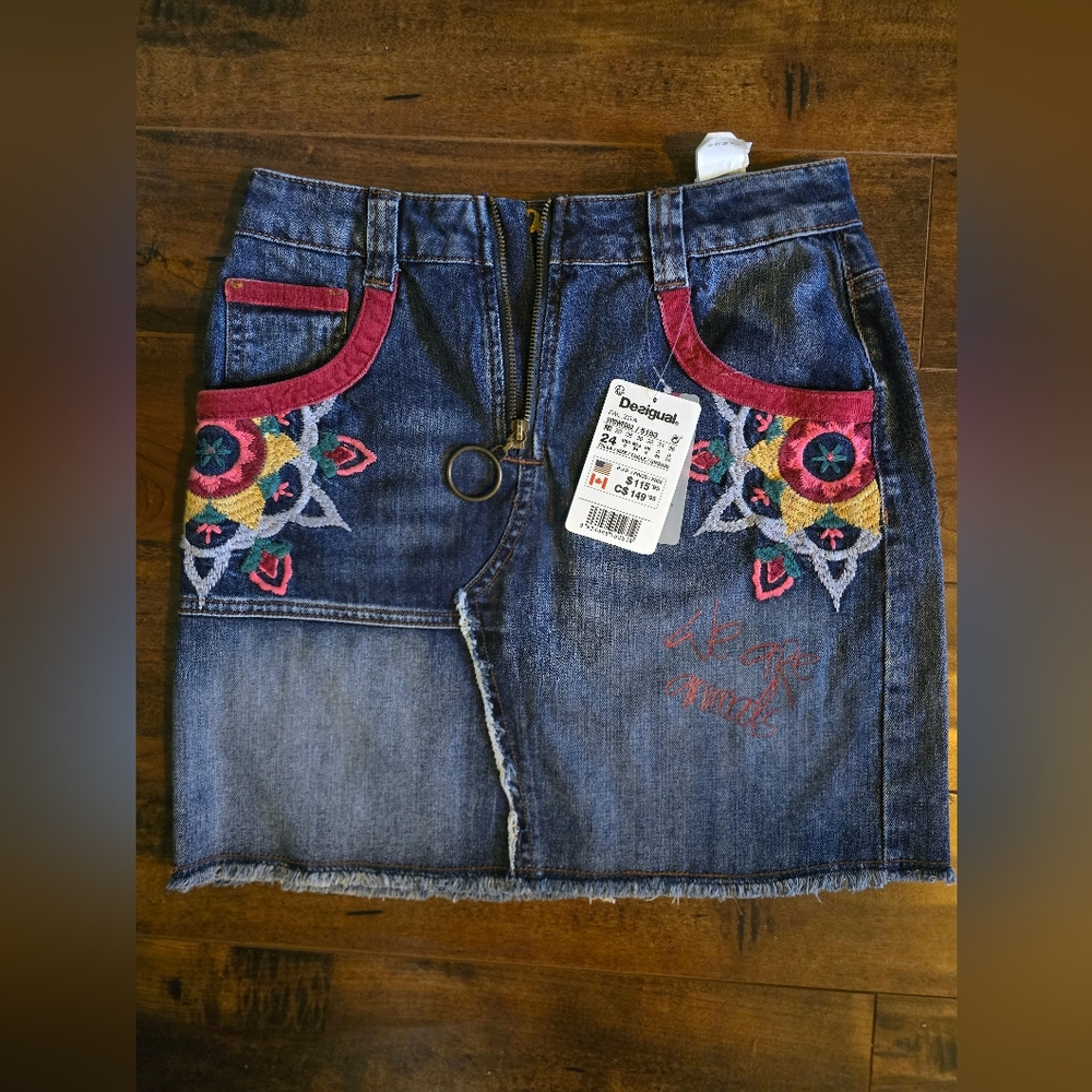 BOGO Desigual Denim Skirt with Colorful Embroidery